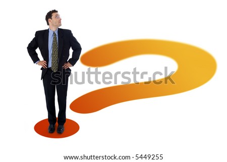 Businessman standing on the point of a question mark, looking up to an imaginary (your custom) product, text or whatever you put there