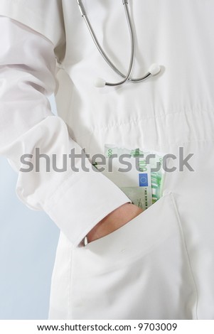 Money or life? - Doctor with patient\'s money in his/her pocket