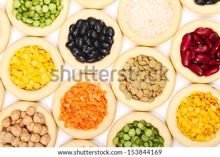 Cuisine choice. Cooking ingredients. Grasses of lentils, peas, buckwheat, rice and haricots