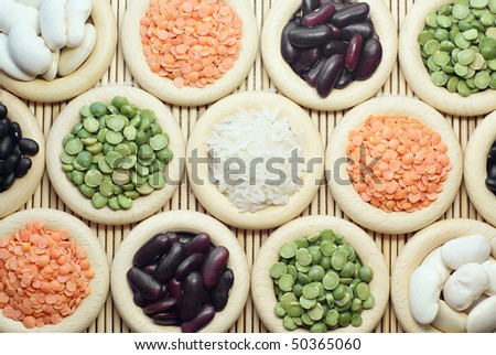 Grasses of lentils, peas, rice and haricots