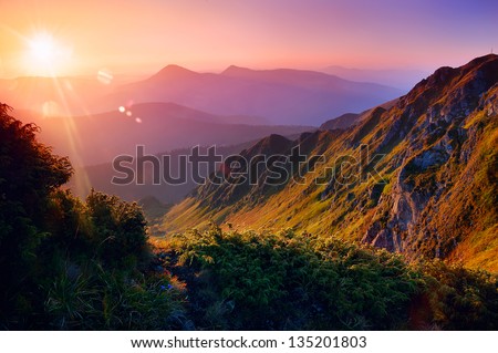 Beautiful summer landscape in the mountains with the sun at dawn