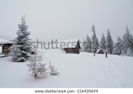 Wooden cabins in a mountain valley. Winter landscape. Ukraine, Carpathians