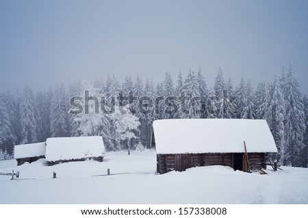 Winter landscape with village buildings in the mountain valley. Carpathians, Ukraine