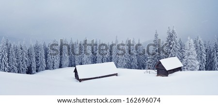 Landscape panorama of a mountain valley in the winter. Hut and barn in the mountains. Ukraine, Carpathian, the ridge Kukul
