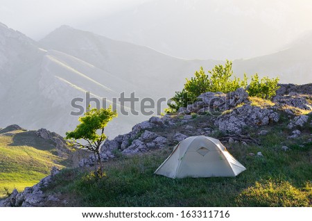 Morning landscape with a tent. Camping in the Spring Mountains