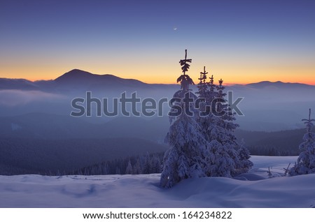 Winter landscape with mountains in the twilight. Carpathians, Ukraine, Europe
