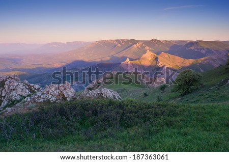Mountain landscape with beautiful morning light on the rocks. Sunny morning. The peninsula of Crimea, Ukraine