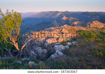 Mountain landscape with beautiful morning light on the rocks. Sunny morning. The peninsula of Crimea, Ukraine