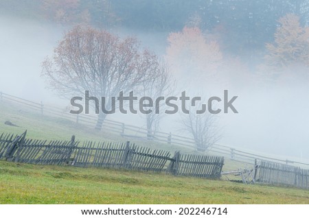 Autumn landscape with fog in a mountain village. Wooden fence in a rural yard. Carpathian mountains, Ukraine, Europe
