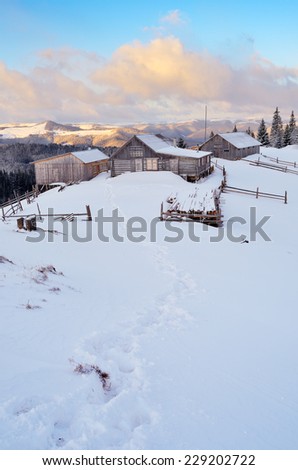 Winter landscape. Wooden houses in mountain shepherds. Carpathians, Ukraine