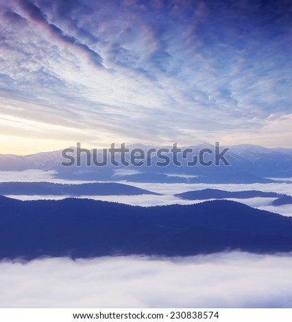 Autumn landscape with morning fog in the mountains. Predawn twilight. Half an hour before sunrise. Carpathian mountains, Ukraine, Europe