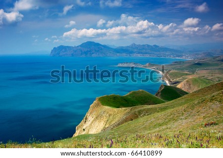 Summer day landscape with the sea and mountains. Ukraine, Republic of Crimea