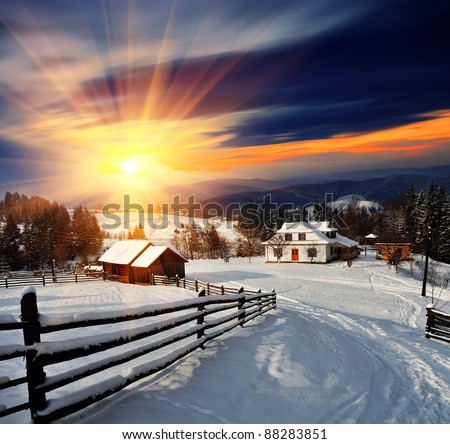 Winter landscape. Mountain village in the Ukrainian Carpathians.