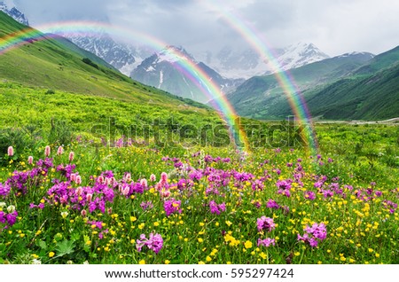 Rainbow in the mountains. Landscape with summer flowers. Sunny weather. Zemo Svaneti, Georgia, Caucasus