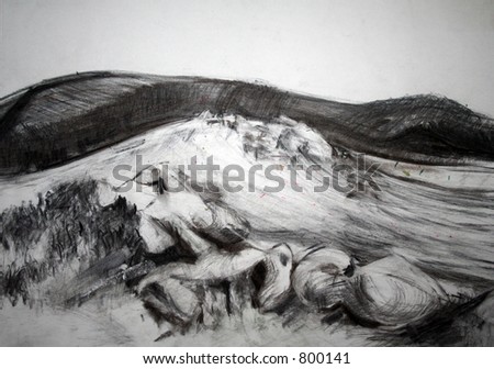 A Charcoal landscape drawing of open moorland.