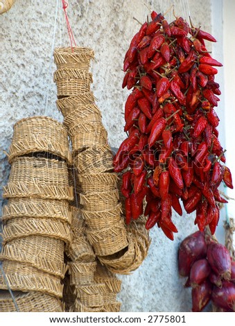 redpeppers and baskets in south italy