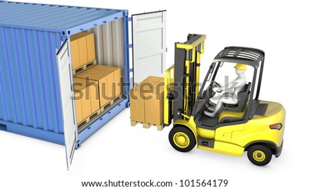 Yellow fork lift truck unloads cargo container, isolated on white background