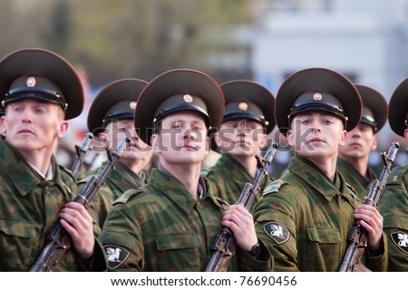 NOVOSIBIRSK - MAY 5: The Rehearsal of a parade dedicated to Victory Day in World War II, soldiers bearing arms demonstrate a willingness to protect on May 5, 2011 in Novosibirsk Russia