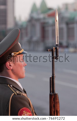 NOVOSIBIRSK - MAY 5: The Rehearsal of a parade dedicated to Victory Day in World War II, soldiers bearing arms demonstrates a willingness to protect in May 5, 2011, Novosibirsk Russia