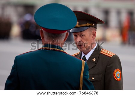 NOVOSIBIRSK - MAY 7: The Rehearsal of a parade dedicated to Victory Day in World War II, Commander of the 41st Army Vasiliy Tonkoshkurov gives instructions on May 7, 2011, Novosibirsk Russia