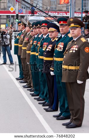 NOVOSIBIRSK, RUSSIA - MAY 7: Commanders are participating in the parade on rehearse for a parade dedicated to Victory Day in World War II on May 7, 2011 in Novosibirsk, Russia.