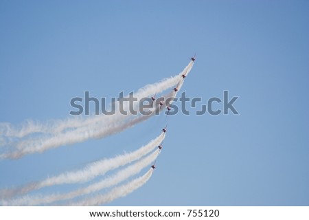 Formation flight of the Royal Air Force Aerobatics team the Red Arrows