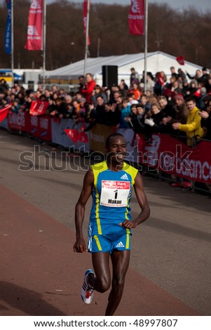 THE HAGUE - MARCH 14: Patrick Makau smiles after winning the City Pier City Loop 2010, half marathon March 14, 2010 in the Hague, The Netherlands