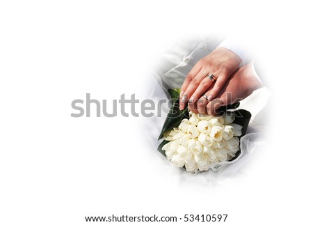 stock photo Wedding bouquet and hands and rings