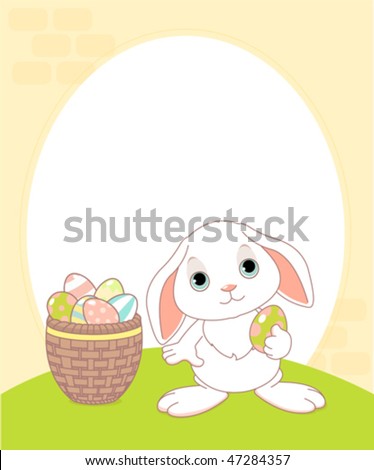 easter bunny with easter eggs in a basket. a asket with Easter eggs