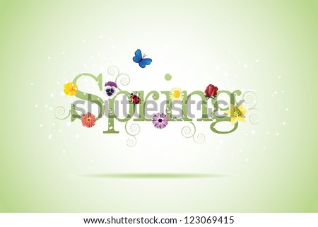 Spring word, flowers and butterfly