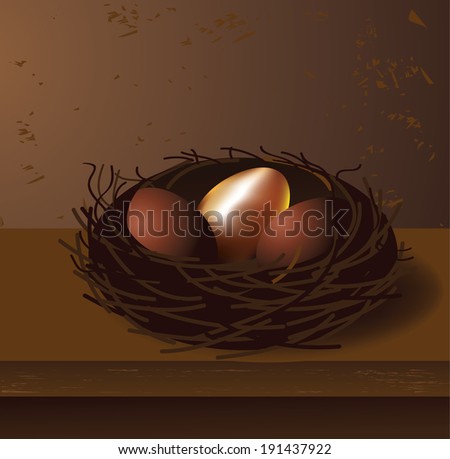 Golden egg in a nest. EPS 10 vector, grouped for easy editing. No open shapes or paths.