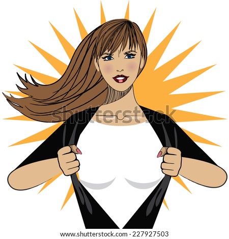 Super hero woman tears open her shirt to reveal the super insignia or message in copy space.