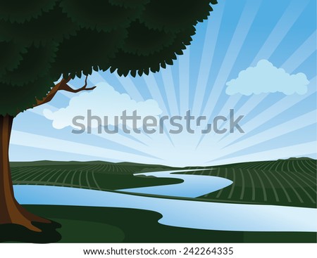 Landscape with stream and tree EPS 10 vector stock illustration