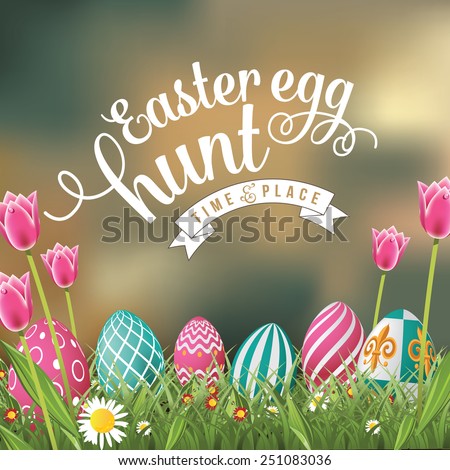 Easter egg hunt in the grass with blurry sky design EPS 10 vector royalty free stock illustration for greeting card, ad, promotion, poster, flier, blog, article