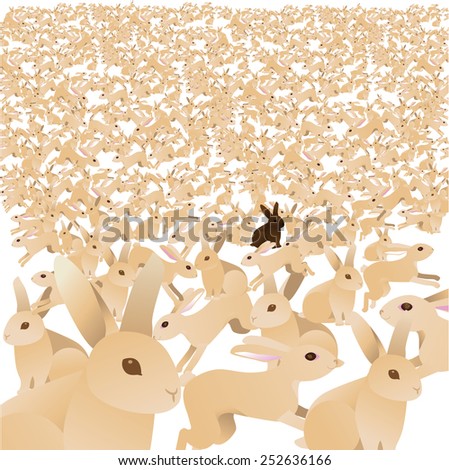 Sea of cute bunnies with one chocolate brown bunny. Royalty free stock illustration for greeting card, marketing, poster, blog, invitation, social media, illustrate overpopulation, individuality