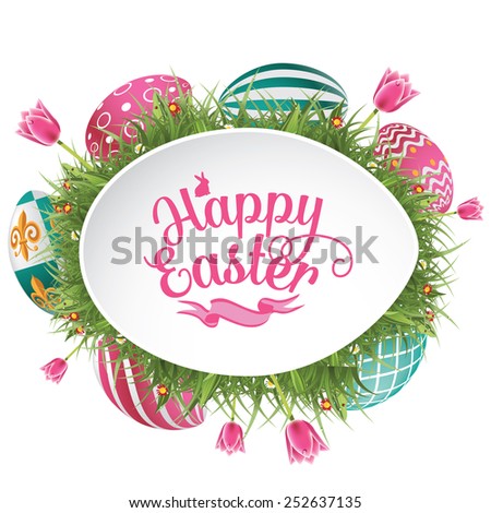 Happy Easter design with grass and tulips royalty free stock illustration for greeting card, ad, promotion, poster, flier, blog, article
