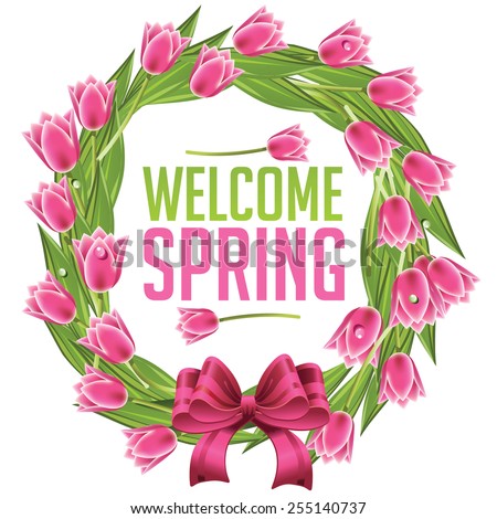 Welcome spring wreath with tulips royalty free stock illustration for greeting card, ad, promotion, poster, flier, blog, article