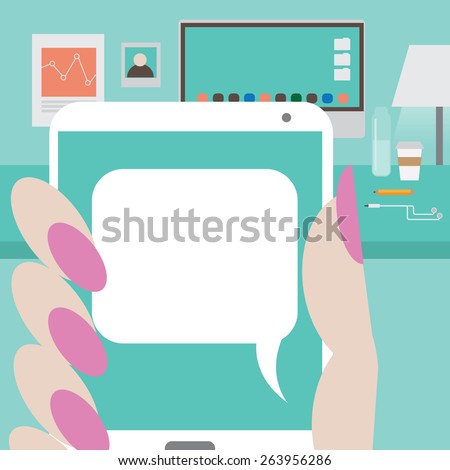 Womans hand holding smartphone with space for your message illustration for greeting card, ad, promotion, poster, flier, blog, article, marketing, signage, email
