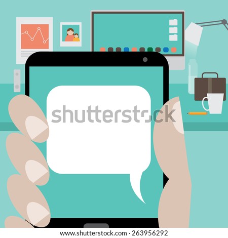 Mans hand holding smartphone with space for your message illustration for greeting card, ad, promotion, poster, flier, blog, article, marketing, signage, email