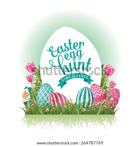 Easter egg hunt background with grass and tulips royalty free stock illustration for greeting card, ad, promotion, poster, flier, blog, article