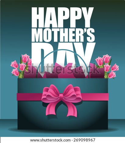 Happy Mothers Day shopping bag and tulips EPS 10 vector royalty free stock illustration for greeting card, ad, promotion, poster, flier, blog, article, social media, marketing