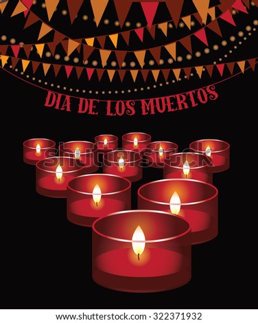 Dia de los Muertos - Mexican Day of the dead red candles and bunting background. EPS 10 vector illustration for holidays, religion, greeting card, advertising, social media, blog, marketing