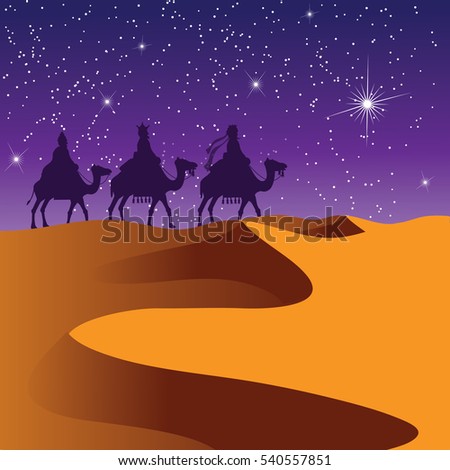 The three wise men riding camels. EPS 10 vector.