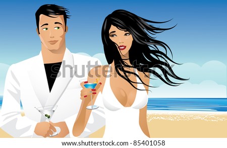 stock vector Beach wedding A happy couple toasts at their beach wedding