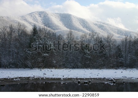Lake and mountains in winter with snow. Tennessee smokies. Indian boundary park