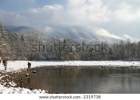 Lake and mountains in winter with snow. Tennessee smokies. Indian boundary park