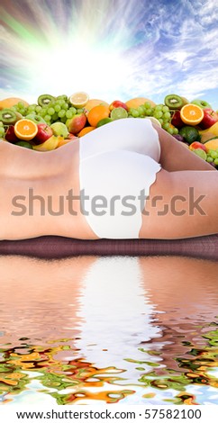 woman body in water over fresh fruits and sunny sky