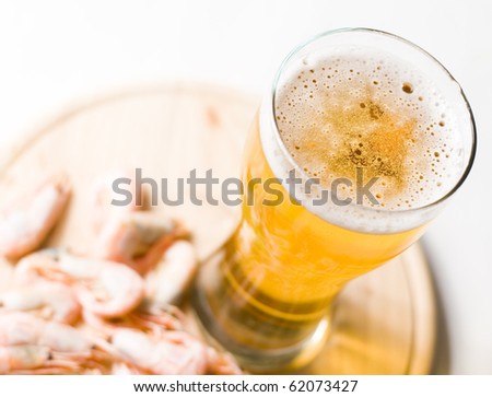 fresh beer and shrimp, top view