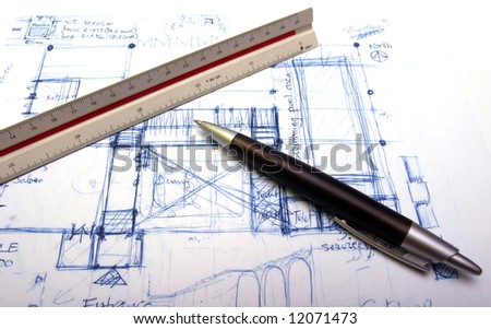 plan of a house with a pen and a rule, real estate or buildings