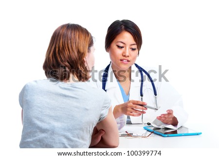 Chinese medical doctor woman with patient. Isolated on white background.